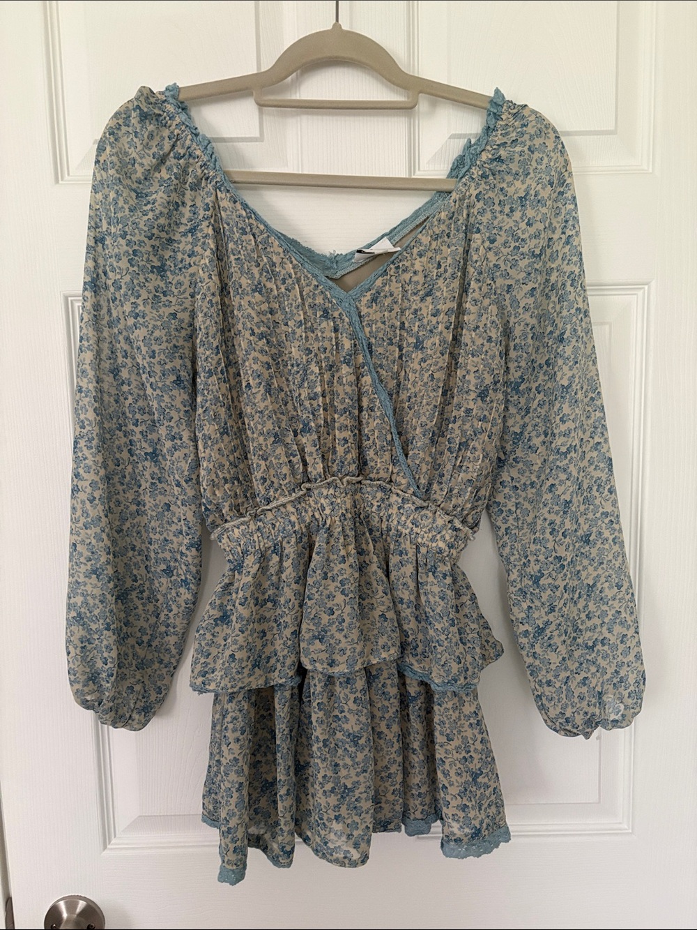 Sky to Moon Blue Floral Pleated Long-sleeve Mini Dress Lace Rouched
